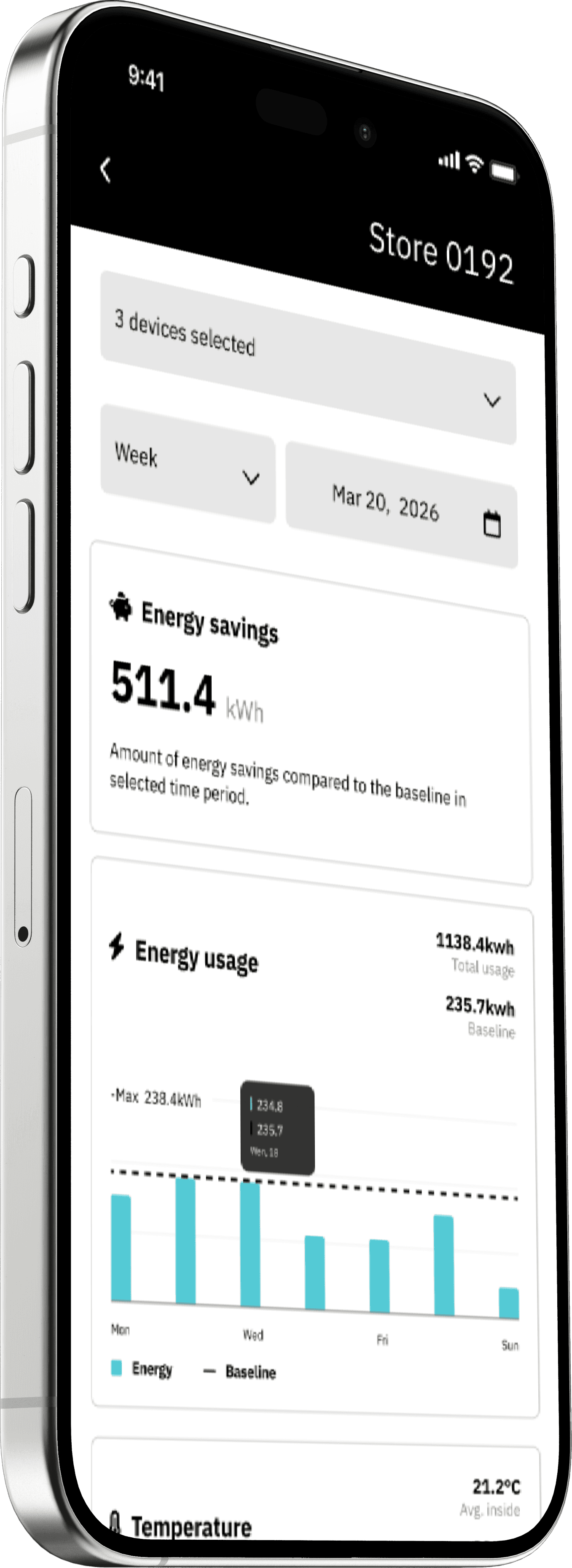 Aplicación de Oclima mostrando el consumo y ahorro energético de una tienda